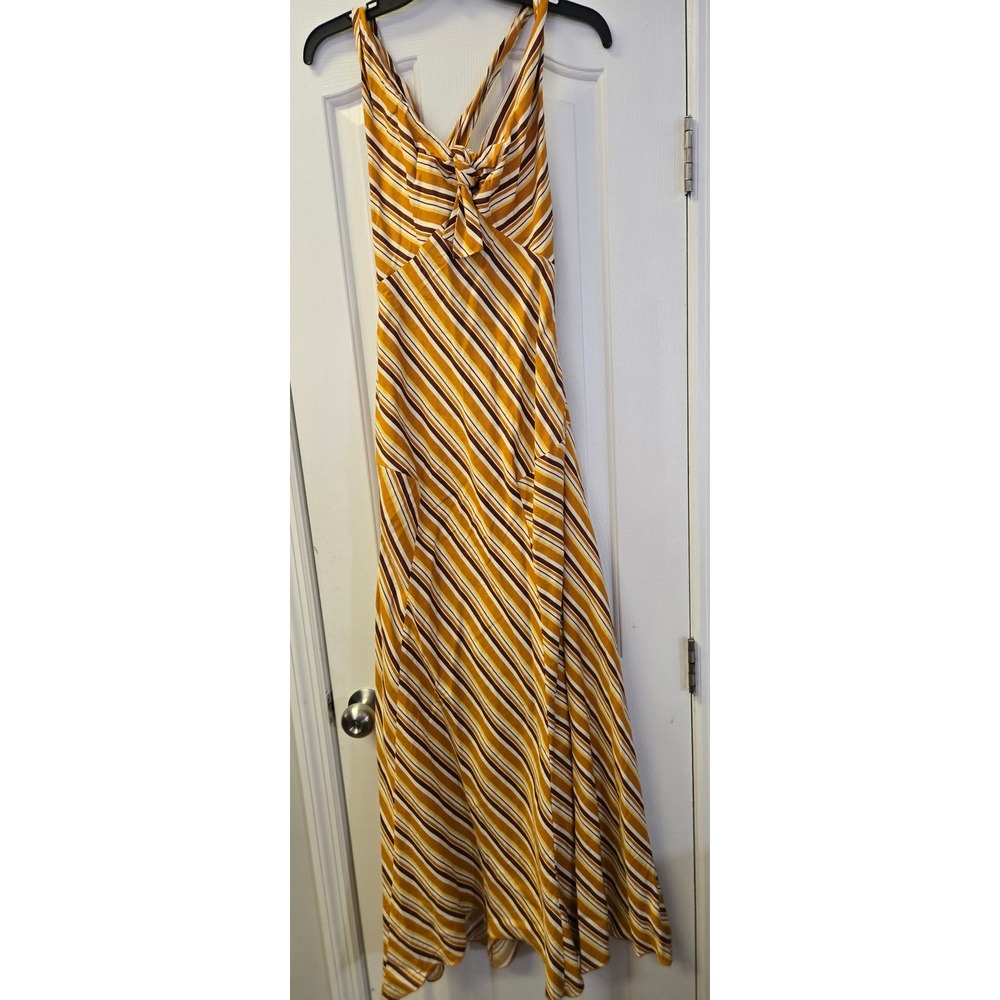 Mustard Striped‎ Linen Blend Cutout Back Maxi Dress 10 Earthy Hippie Resortwear